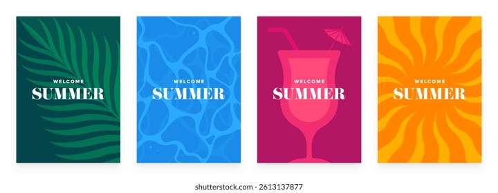 Set of tropical palm leaf, swimming pool, cocktail drink and sun illustrations . Vacation and summer season designs great for card, postcard, invitation, poster, cover, flyer, banner, or social media