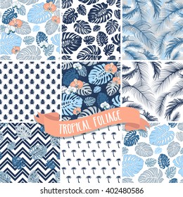 Set of Tropical Palm leaves seamless patterns