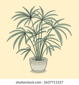 Set tropical palm papyrus leaves. realistic drawing in flat color style.