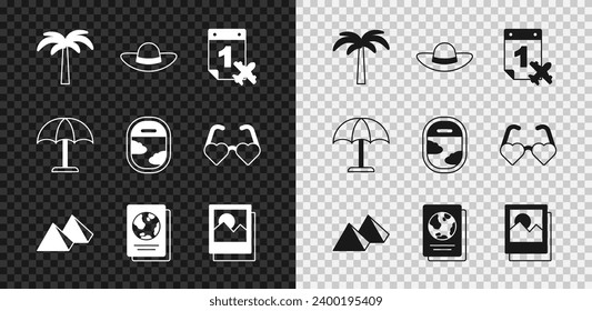 Set Tropical palm tree, Elegant women hat, Calendar and airplane, Egypt pyramids, Passport, Photo, Sun protective umbrella and Airplane window icon. Vector