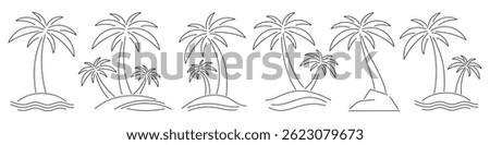 Set of tropical palm tree line art. Editable Stroke. Hand drawn coconut trees. Minimalist summer outline design for beach logo, tattoo, travel icon, exotic island decor.