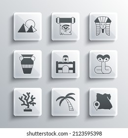 Set Tropical palm tree, Map of Egypt, Snake, Egyptian house, Coral, vase, pyramids and pharaoh icon. Vector