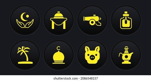 Set Tropical palm tree, Perfume, Muslim Mosque, Pig, Ramadan cannon, Table food, Islamic teapot and Star and crescent icon. Vector