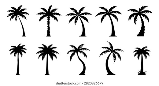 Set of tropical palm tree silhouette vectors featuring assorted coconut tree shapes for summer, beach, island, travel, tropical nature, logo, decoration, and graphic design projects.