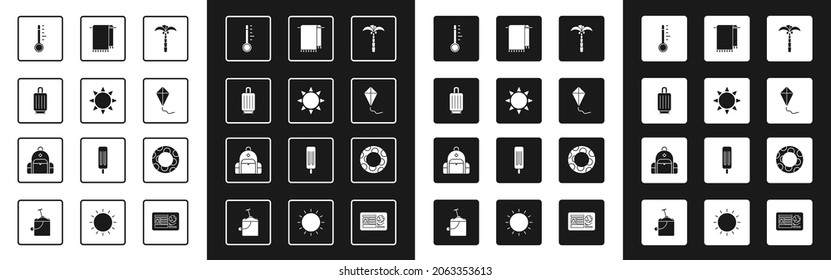 Set Tropical palm tree, Sun, Suitcase, Meteorology thermometer, Kite, Towel on hanger, Rubber swimming ring and Hiking backpack icon. Vector