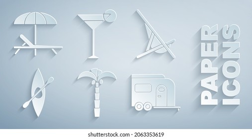 Set Tropical palm tree, Sunbed, Kayak or canoe and paddle, Rv Camping trailer, Martini glass and umbrella icon. Vector