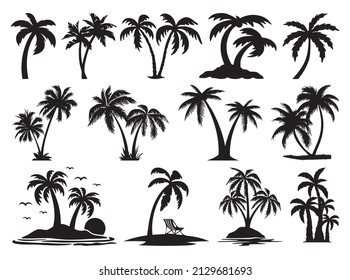 Set tropical palm trees, palm trees, black silhouettes isolated on white background, Vector