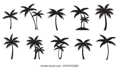Set of tropical palm trees black silhouette. Vector Palms isolated.
