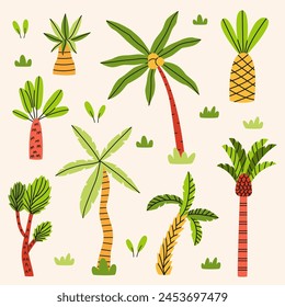 Set of tropical palm trees drawing in hand drawn style. Summer jungle composition for kids design, cards, posters. Vector flat illustration.