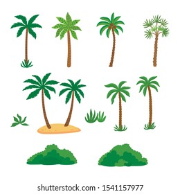 Set tropical palm trees with green leave and bushes.