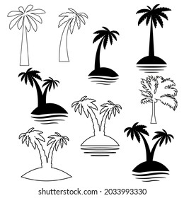 Set tropical palm trees with leaves, mature and young plants, black silhouettes isolated on white background