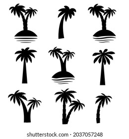 Set tropical palm trees with leaves, mature and young plants, black silhouettes isolated on white background