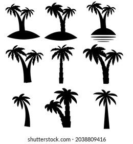 Set tropical palm trees with leaves, mature and young plants, black silhouettes isolated on white background