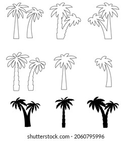 Set tropical palm trees with leaves, mature and young plants, black silhouettes isolated on white background