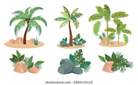 Set of tropical palm trees, plants in cartoon style. Vector illustration of island coconut palms, banana tree, monstera, tropical leaves, aloe, stones of different sizes isolated on white background.