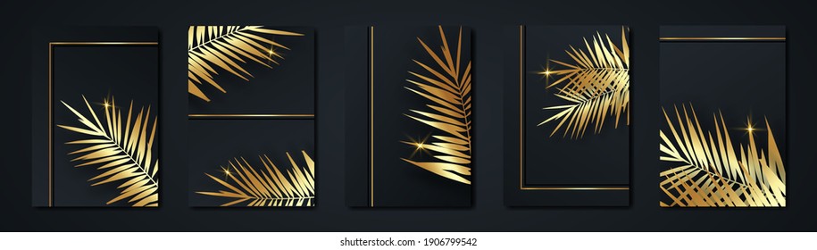Set of tropical palms elegant black and gold cover template layout set with palm foliage background, luxury spa, hotel, card, invitation, salon and exotic floral design for wedding A4 invitation cards
