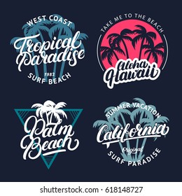 Set of Tropical paradise, Palm beach, Aloha Hawaii and California hand written lettering with palms. Apparel design for tee print. Vintage style. Vector illustration.