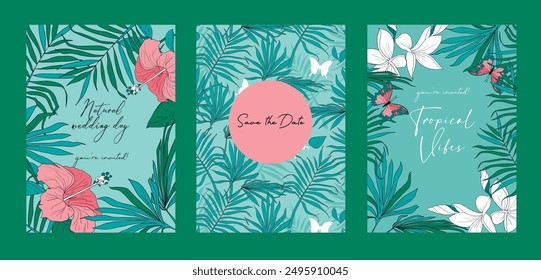 Set of tropical party cards, vector illustration
