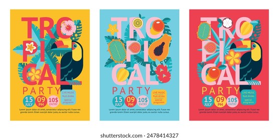 Set of tropical party flyers template. Summer party poster with toucan, exotic fruits, flowers and leaves. Background, flyer, banner.