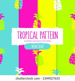 Set of tropical pattern with pineapples. Neon color. Summer seamless pattern.