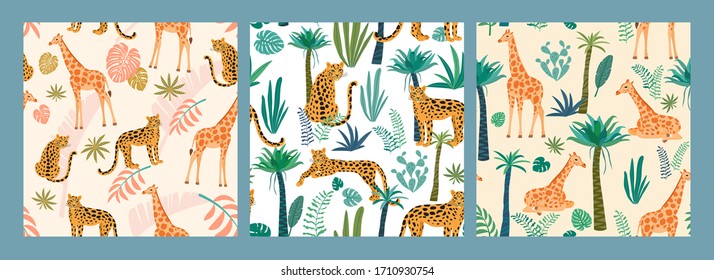 Set of tropical patterns and abstract plants. Vector seamless texture.