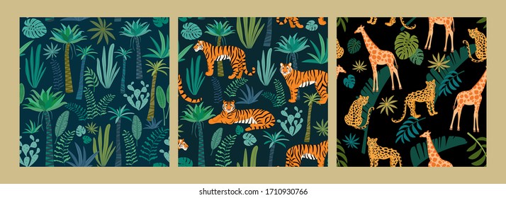 Set of tropical patterns and abstract plants. Vector seamless texture.