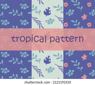 set of tropical patterns. depicted leaves and flowers. trendy colors of 2022. vector