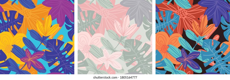 A set of tropical patterns made in three different colors. Abstract flowers with the monstera plant. Soft pastel. Bright contrast. On dark background.