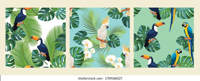 Set of tropical patterns. Vector seamless texture.