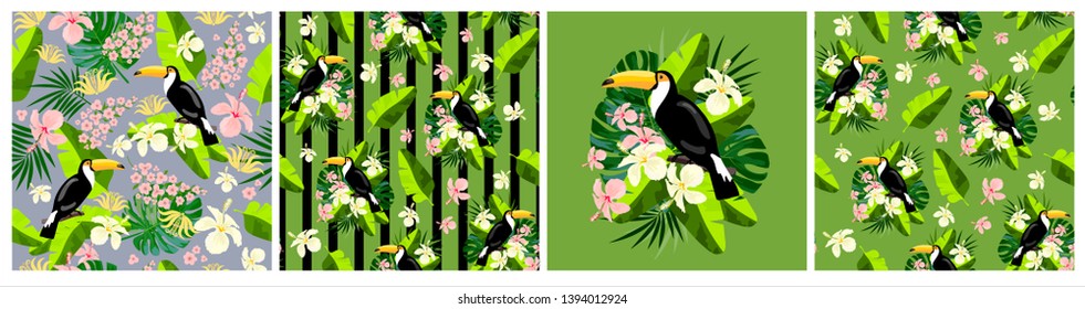 Set tropical patterns.Tropical seamless pattern with toucan, exotic leaves. Vector illustration. 