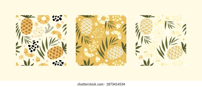 Set of tropical pineapples patterns. Vector backgrounds in mustard colors with pineapples and leaves. Transparent colored and white options.