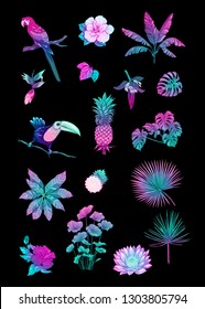 Conjunto de planos tropicales, flores y pájaros. Pegatinas, elementos para el diseño. Aislado sobre fondo negro en colores neones y fluorescentes. Ilustración vectorial coloreada.