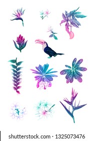 Set of tropical plans, flowers and birds. Stickers, elements for design. Isolated on white background in neon, fluorescent colors. Colored vector illustration.