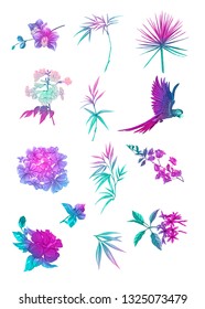 Set of tropical plans, flowers and birds. Stickers, elements for design. Isolated on white background in neon, fluorescent colors. Colored vector illustration.