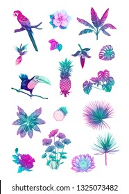 Set of tropical plans, flowers and birds. Stickers, elements for design. Isolated on white background in neon, fluorescent colors. Colored vector illustration.