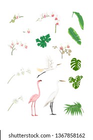 Set of tropical plans, flowers and birds. Isolated on white background in neon, fluorescent colors. Stickers, elements for design. Colored vector illustration.