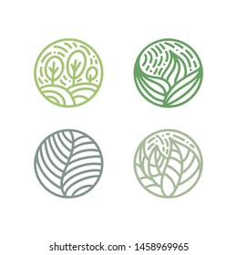 Set of tropical plant green leaves logo. Round bio emblem in a circle linear style. Vector abstract badge for design of natural products, flower shop, cosmetics, ecology concepts, health, spa, yoga