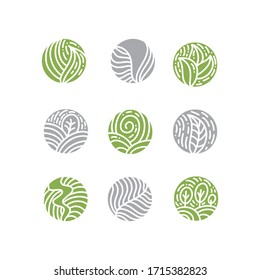 Set of tropical plant green leaves logo. Round bio emblem in a circle linear style. Vector abstract badge for design of natural products, flower shop, cosmetics, ecology concepts, health, spa, yoga.