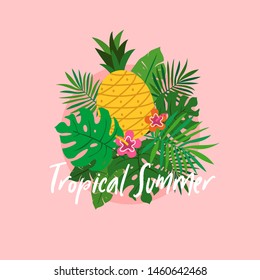 Conjunto de hojas de plantas tropicales con piña y flor para el concepto de póster tropical de verano ilustración vectorial