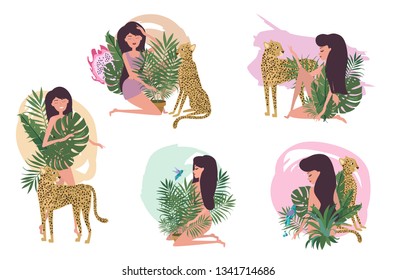 Set of tropical plant, women and leopards illustration. Be wild, Urban jungle card. Editable vector illustration