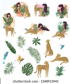 Set of tropical plant, women and leopards illustration. Be wild, Urban jungle card. Editable vector illustration