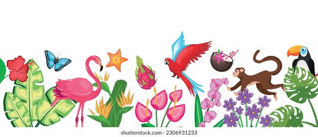Set of tropical plants and animals on white background