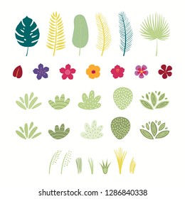 Set of tropical plants elements flowers, palm leaves, grasses, bushes, shrubs. Isolated objects on white background. Hand drawn vector illustration. Flat style design. Concept for children print.