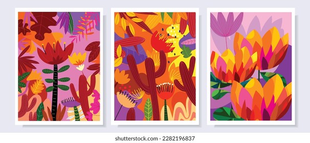 Set of tropical plants, flowers and leaves colorful hand drawn nature vector illustration design background..