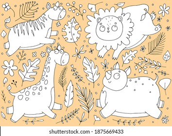 set of tropical plants, flowers and wild animals in the jungle, giraffe, zebra, lion, rhino, linear doodle illustration