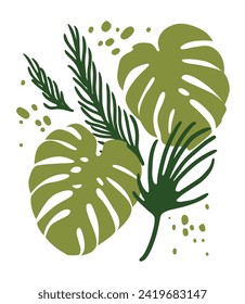 Set of tropical plants. Monstera leaf. Colored vector illustration in flat style. Botanical poster. Landscaping trends. Textile printing pattern