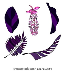 Set of tropical plants. Palm leaves and Orchid. Vector illustration.
