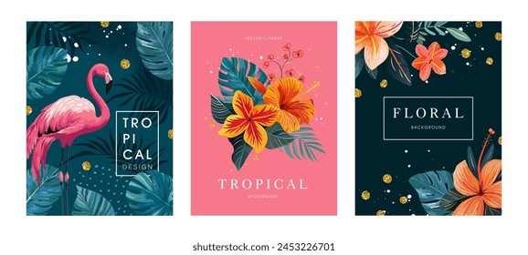 Set of tropical postcards with beautiful exotic flowers,pink flamingo b tropical leaves. Collection of vector templates for postcards, invitations, promotional materials.