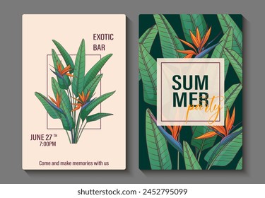 Set of tropical poster design with illustration of strelitzia plant. Vector bird of paradise flower. Summer, party concept. Composition with paradise plant leaves for postcard design, poster.