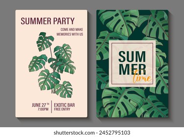 Conjunto de diseño de póster tropical con ilustración de follaje. Vector hojas de monstruo. Verano, concepto de fiesta. Composición con hojas de queso suizo para diseño de postal, cartel.